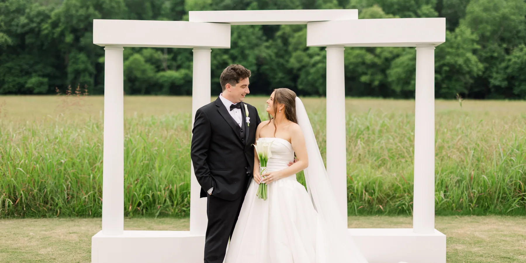 The couple standing at the arch in the open meadow