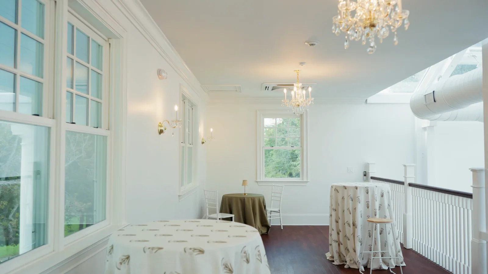 The room upstairs, under its own chandelier